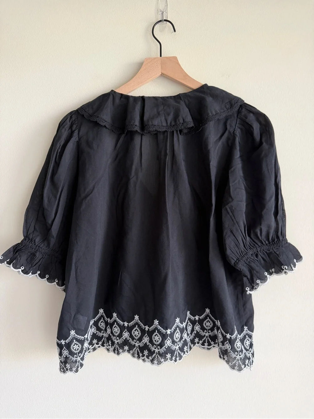 Madewell The Blaire Top Jet Black Embroidered Ruffle Blouse Size M NWT